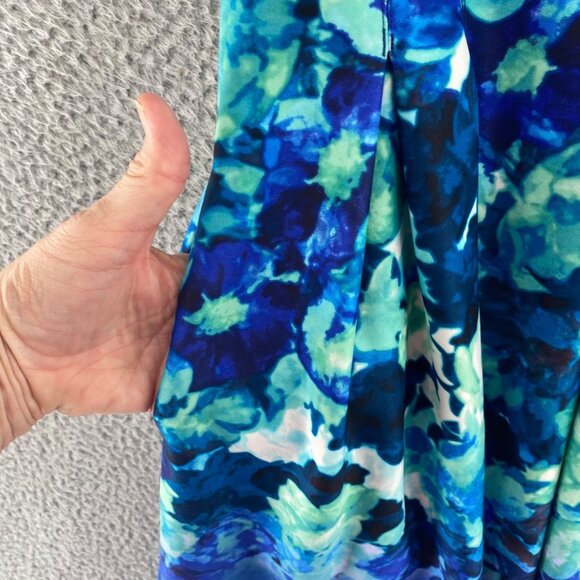 Vince Camuto Dress Womens 14 Blue Green Floral Scuba Fit & Flare Pleated Keyhole - Picture 5 of 10